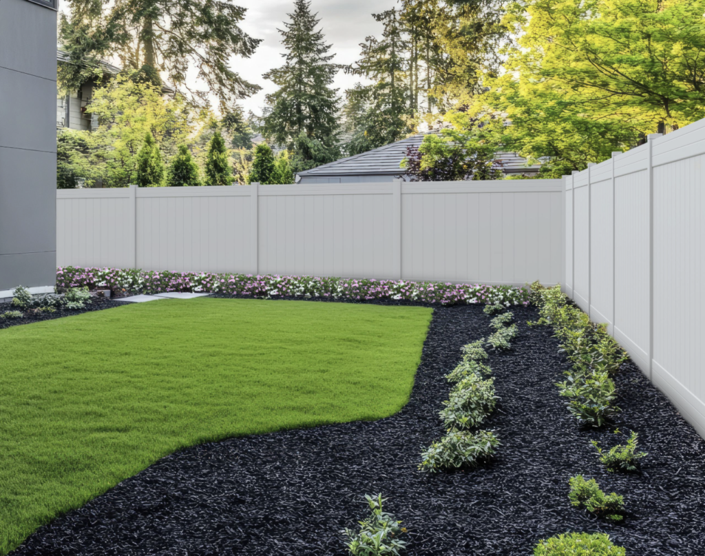 vinyl fence landscaped garden with plants growing green grass